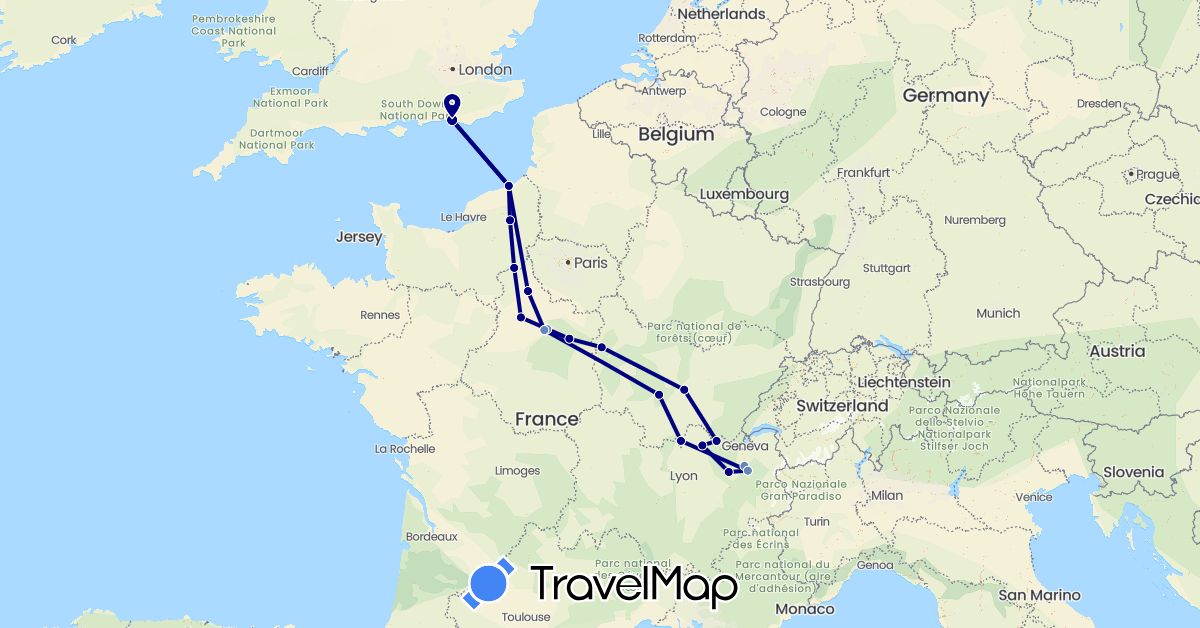 TravelMap itinerary: driving, cycling in France, United Kingdom (Europe)