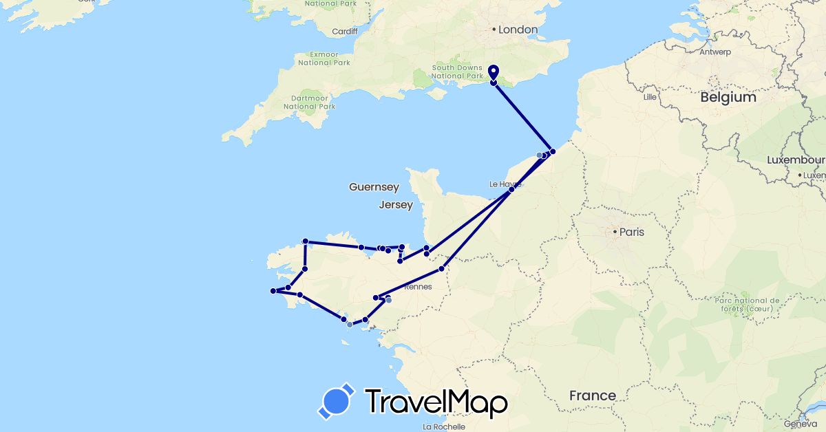 TravelMap itinerary: driving, cycling in France, United Kingdom (Europe)