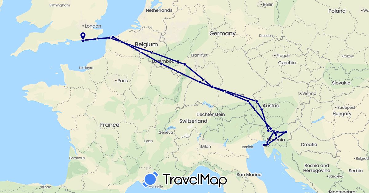 TravelMap itinerary: driving in Austria, Belgium, Germany, France, United Kingdom, Slovenia (Europe)