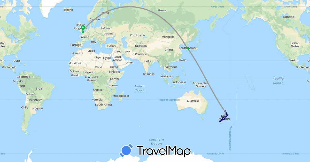 TravelMap itinerary: driving, bus, plane, boat in United Kingdom, South Korea, New Zealand (Asia, Europe, Oceania)